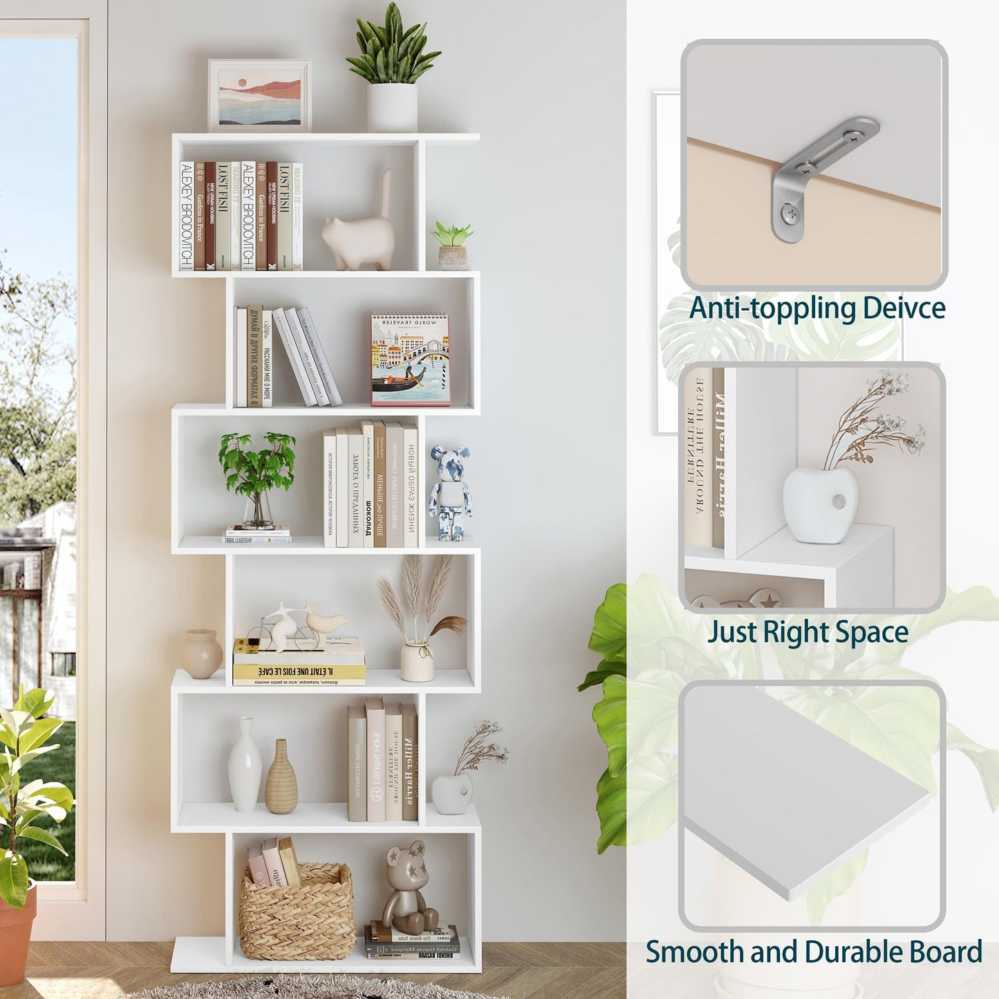 Yusong Bookshelf 6-Tier, Geometric Bookcase S Shaped Book Shelves for Bedroom, Modern Wood Decorative Display Shelf Tall Book Case for Home Office