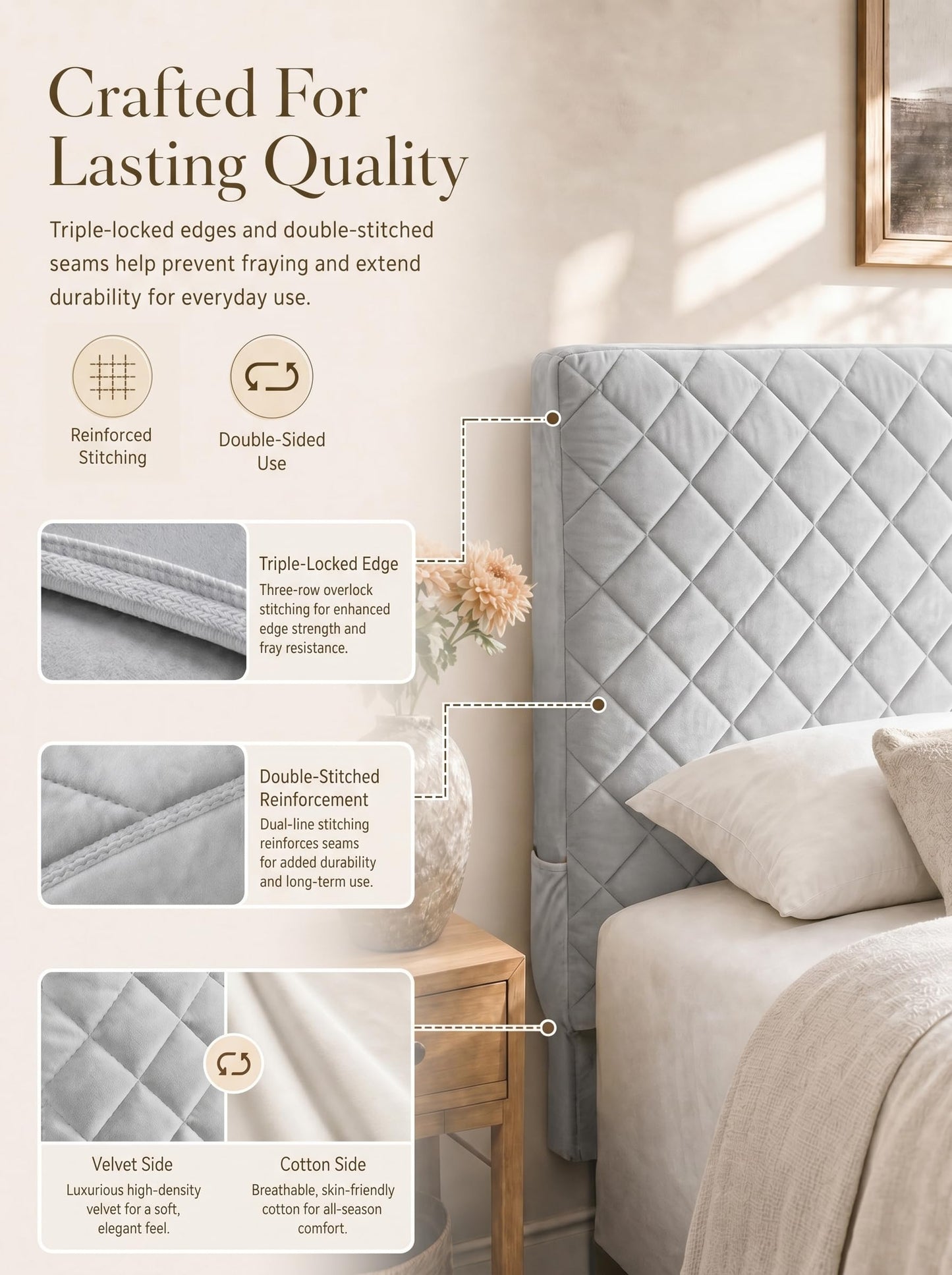 Bed Headboard Slipcover Quilted Thicken Protector Light grey,120x70cm