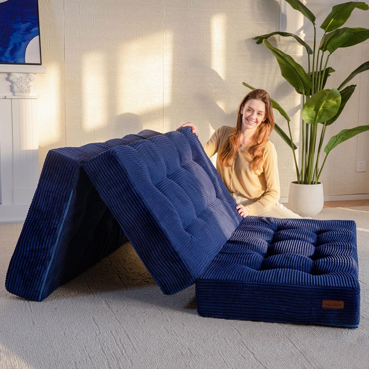 MAXYOYO Folding Mattress, Comfy Corduroy Foldable Mattress with 15cm Thicken Foam, Tri-Fold Floor Futon Sofa Bed for Guest,Dark blue,King