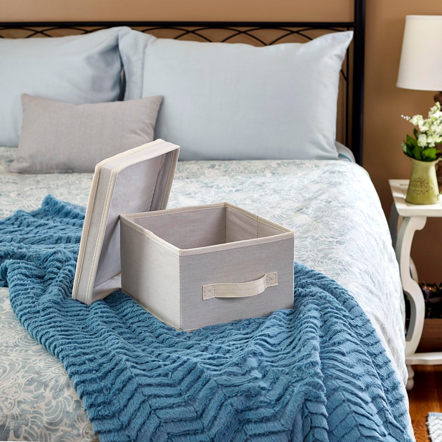 Household Essentials 111 Storage Box with Lid and Handle - Natural Beige Canvas - Medium,Natural Trim