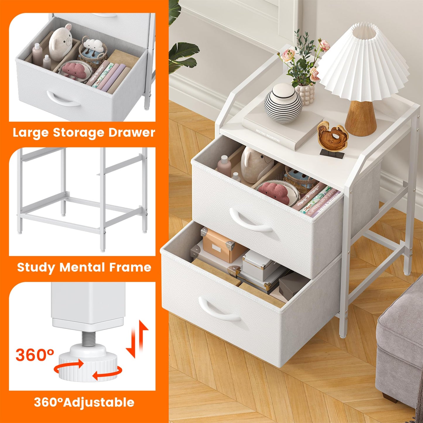 Feonase Bedside Table, Bedroom Bedside Cabinet with 2 Fabric Drawers, Nightstand Side Table for Bedrooms, Living Rooms(White)