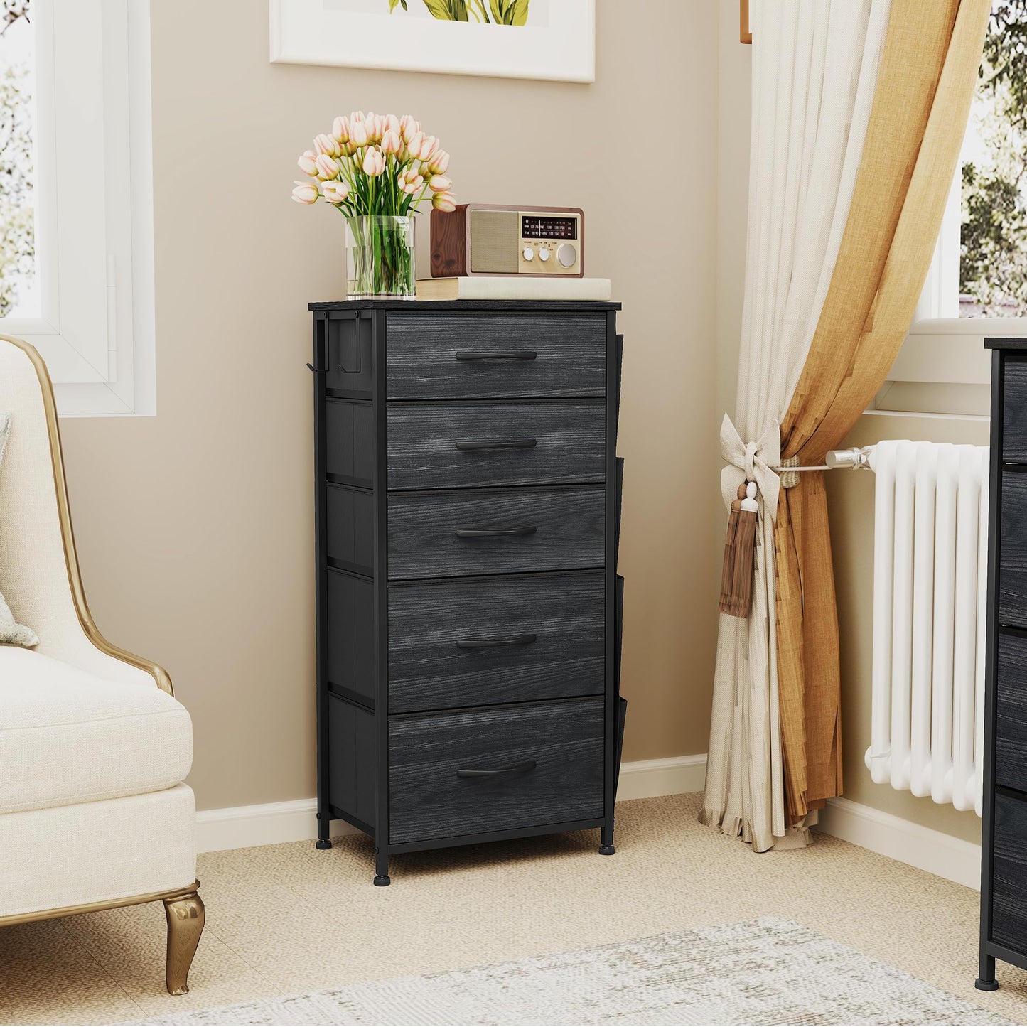 YITAHOME Narrow Chest of Drawers with 5 Drawers, Fabric Drawers with Side Pocket&Hooks,Sturdy Steel Frame,Storage Drawers for Bedroom