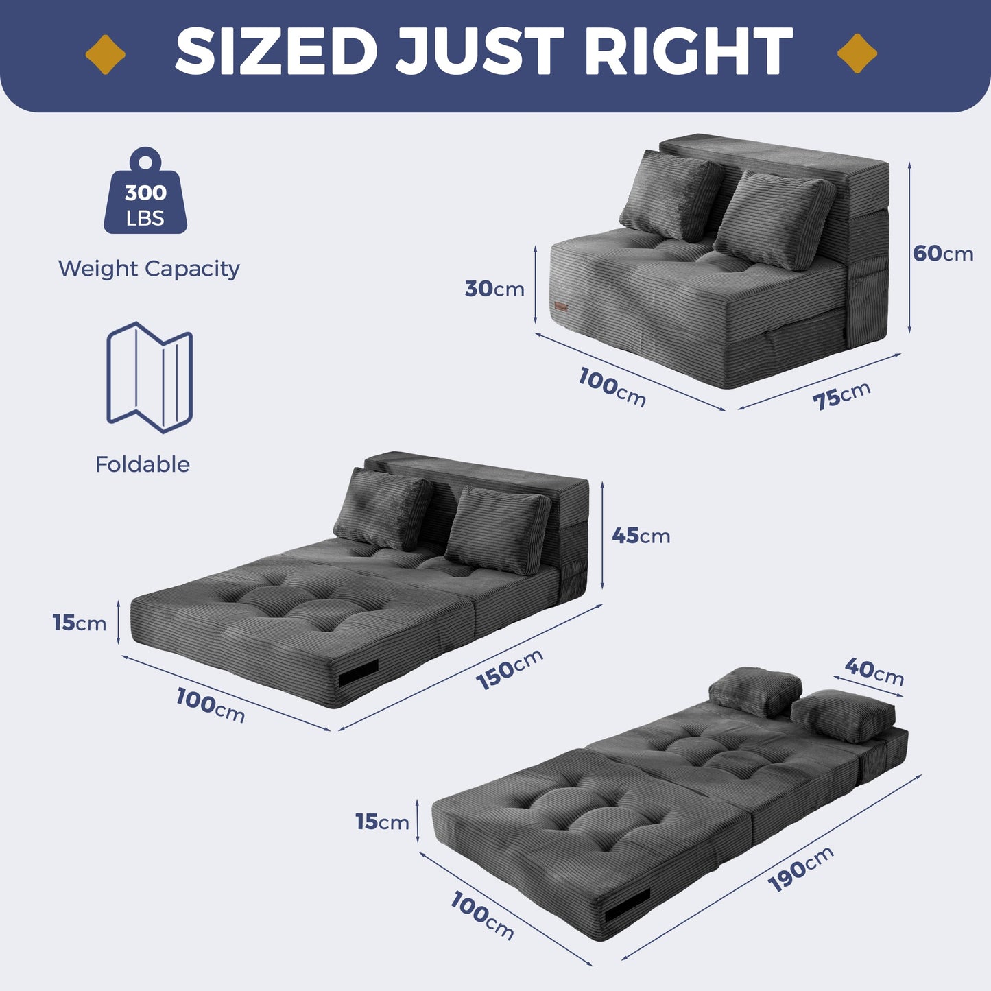 MAXYOYO Folding Foam Sofa Bed, Tri-Fold Mattress with 2 Pillows, Convertible Sofa Chair Futon Z Bed with 15cm Thincken Foam