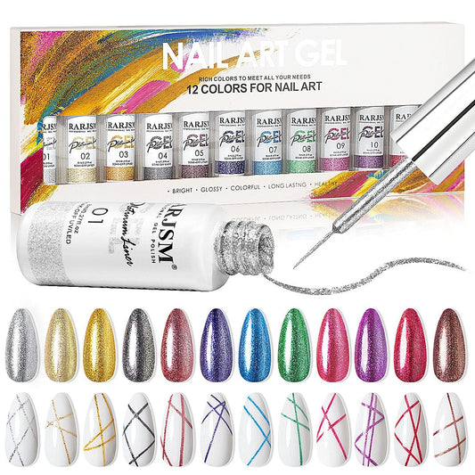 RARJSM Nail Art Gel,Platinum Liner Painted Gel Nail Polish Set,3D Line Gelpolish Set Painting Drawing UV LED 12 Colors Glitter Silver Gold Green Blue