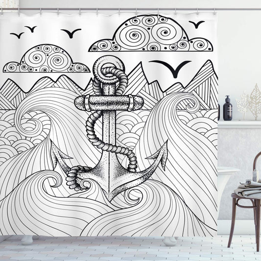 ABAKUHAUS Anchor Shower Curtain, Zentangle Style Ocean and Clouds Hand Drawn Arrangement Marine Theme, Cloth Fabric Bathroom Decor Set with Hooks, 70