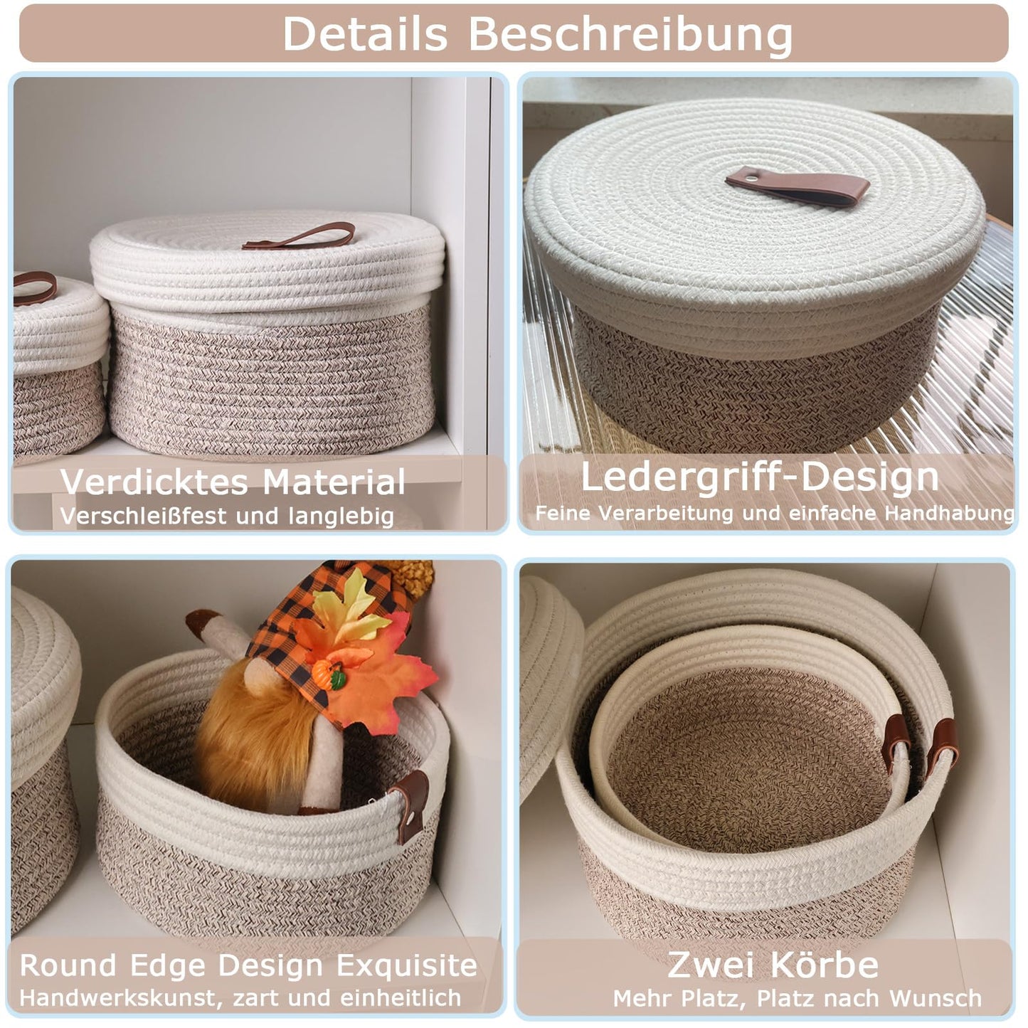 Yearonan 2 Pieces Storage Baskets with lids-Cotton Rope Lidded Basket-Natural cotton thread, leather buckle