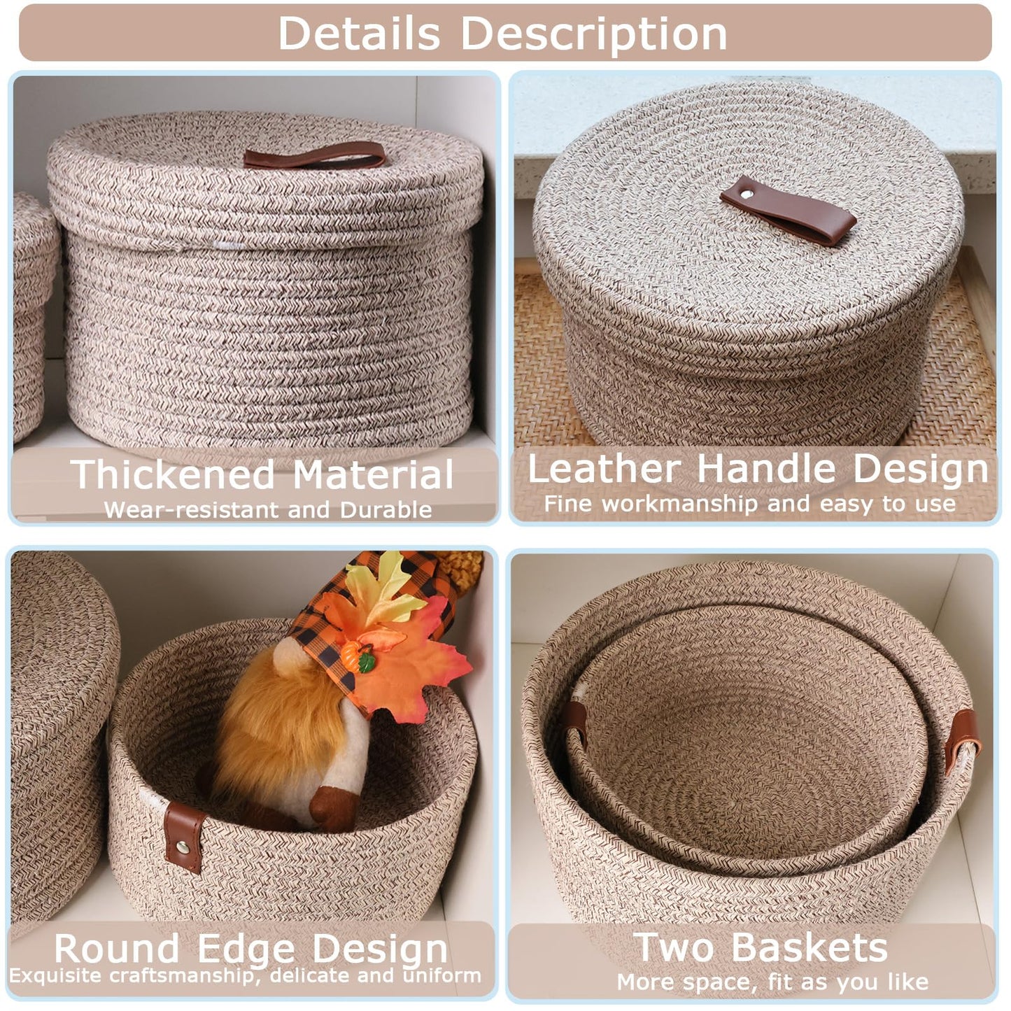 Yearonan Set of 2 Round storage baskets with lids,With Leather Handles for Closet Storage,Toy,Living roon,Towel Basket,Bathroom storage,Stackable