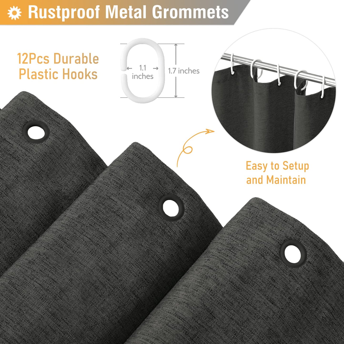 BTTN Extra Long Linen Look Shower Curtain, 182x214cm, Charcoal Grey