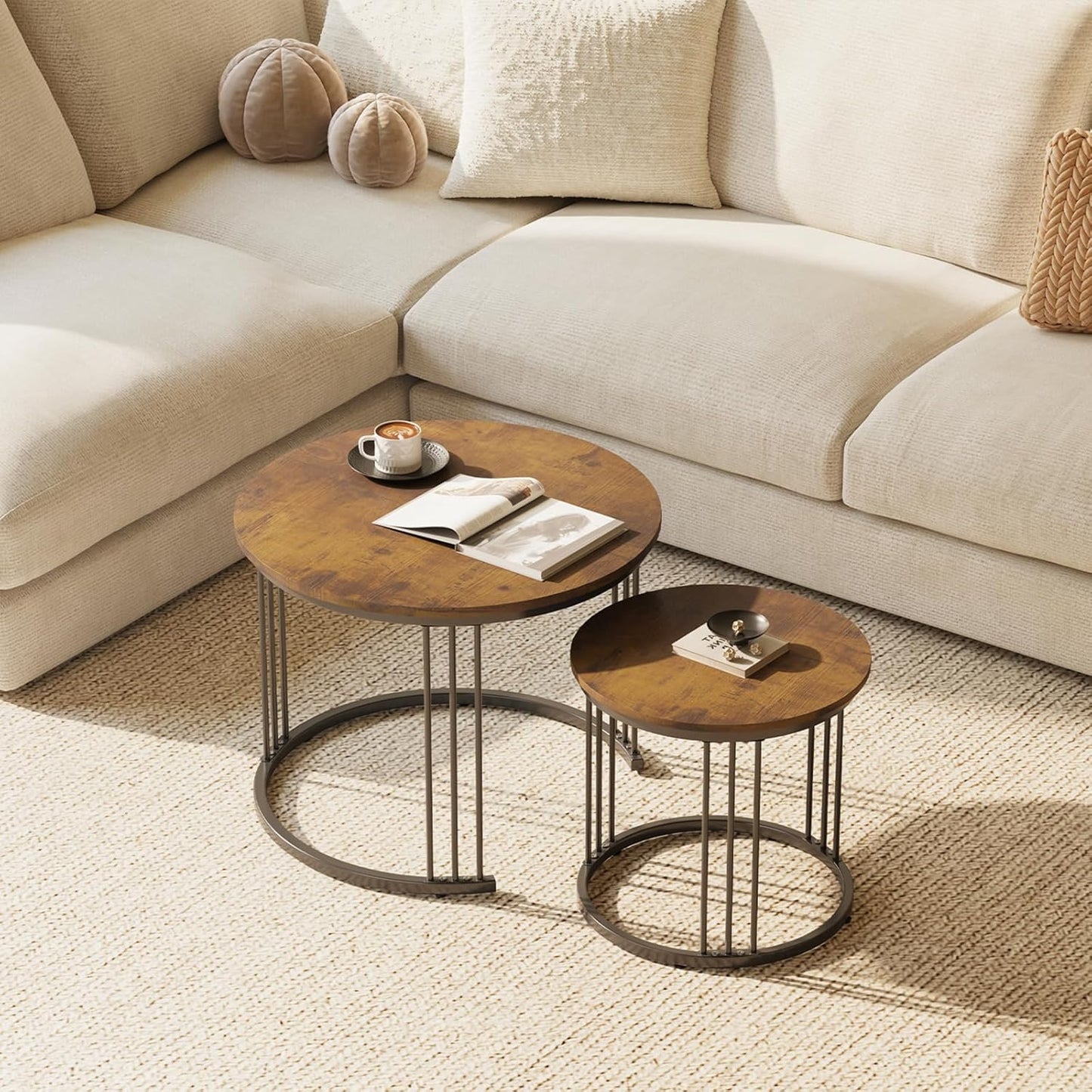 Huhote Round Coffee Tables, Set of 2 End Table, Nesting Tables, Side Table with Metal Frame for Living Room/Bedroom/Balcony/Office/Apartment