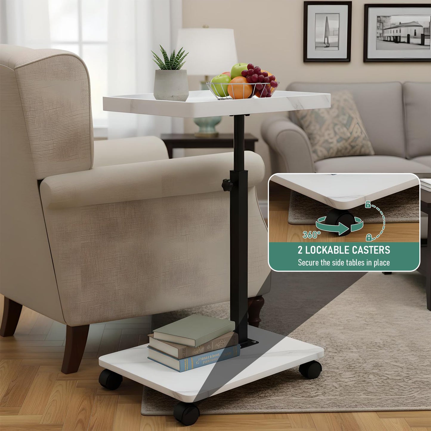 YYW C Shaped Side Table, Height Adjustable Bedside Table with Wheels, 360°Swivel Sofa End Tables, Wooden Coffee End Table for living Room Bedroom