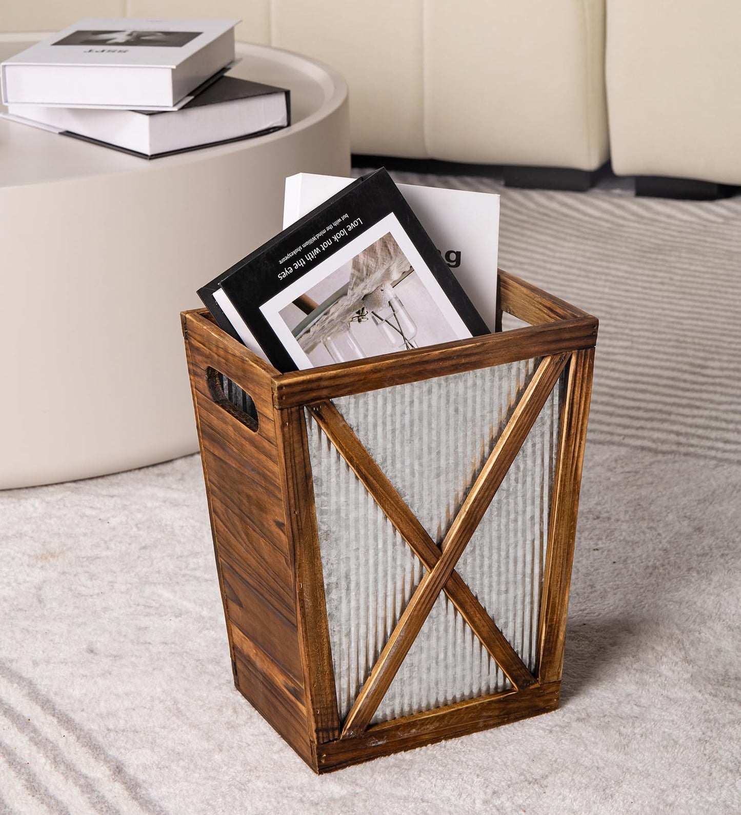 Venalys Small Wood Trash Can Wastebasket, Decorative Barn Door Garbage Can Waste Basket, Rustic Distressed Rectangular Trash Bin
