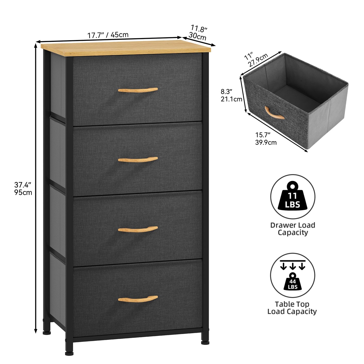 DWVO Chest of Drawers, 4 Fabric Drawers Bedroom Cabinet,Dresser for Bedroom,Living Room With Handles,Wood Top and Sturdy Steel Frame, Dark Grey