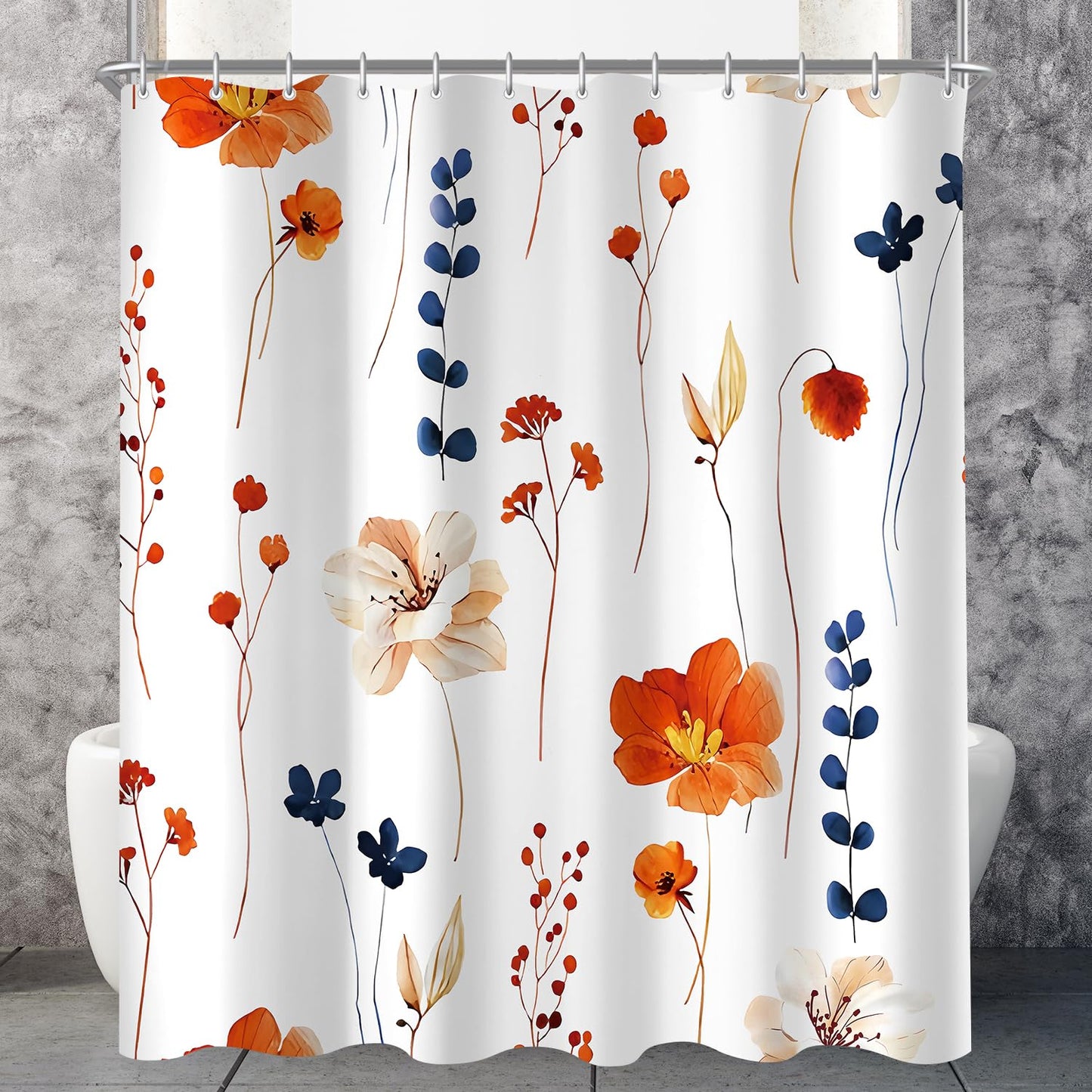 Lerores Shower Curtain, 120 x 200 cm, Orange & Navy Flower, Weighted Hem, Anti-Mould, Water-Repellent, Washable Polyester Bath Curtains with 8 Eyelets
