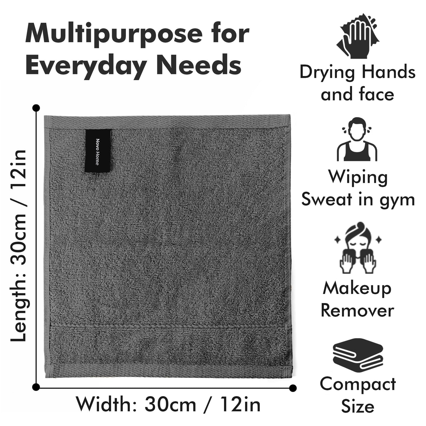 Novo Home Face Towels Pack of 12 – 550 GSM 100% Cotton Washcloths (30x30cm) – Soft, Quick Dry, Highly Absorbent Flannels for Bathroom, Spa, Gym