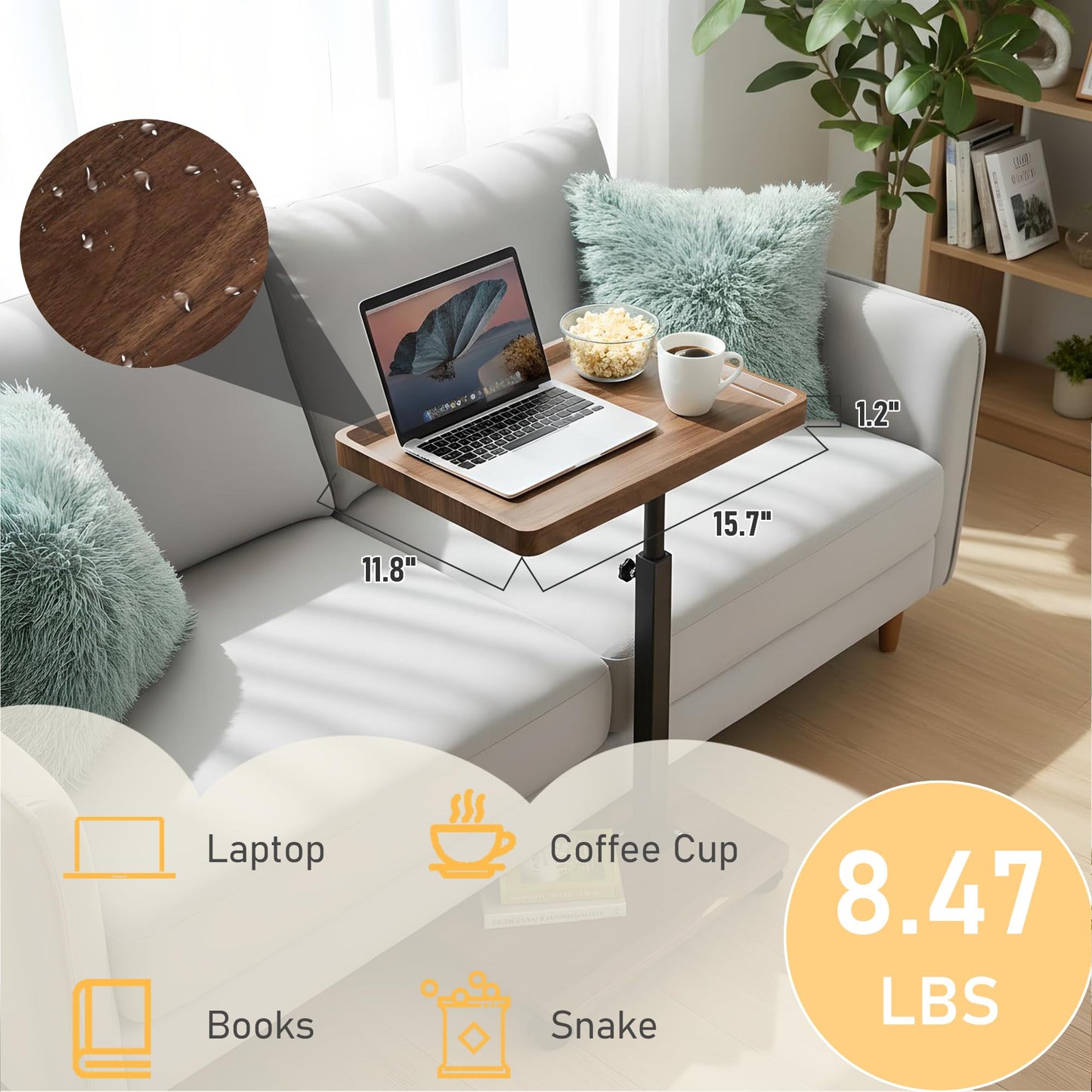 YYW C Shaped Side Table, Height Adjustable Bedside Table with Wheels, 360°Swivel Sofa End Tables, Wooden Coffee End Table for Living Room Bedroom