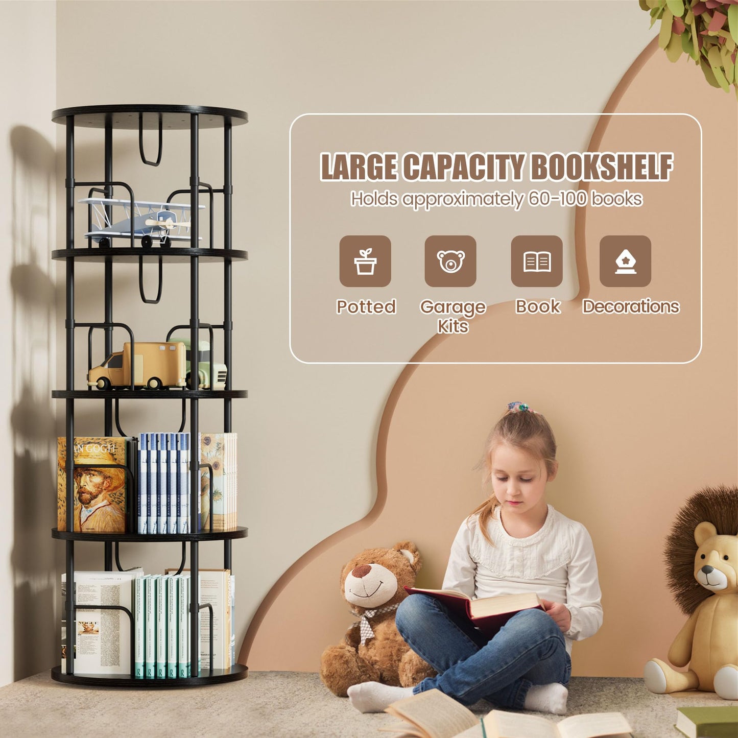 OCTORO 4 Tier Rotating Bookshelf, 360° Corner Bookshelf Tower, Round Revolving Bookcase with Adjustable Levels, Spinning Book Shelf for Home Office