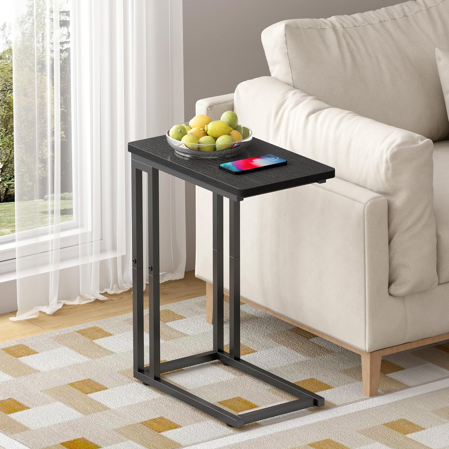 Yusong C Shaped End Table, Couch Side Table That Slide Under Sofa Bed for Small Spaces, Skinny Overbed Table
