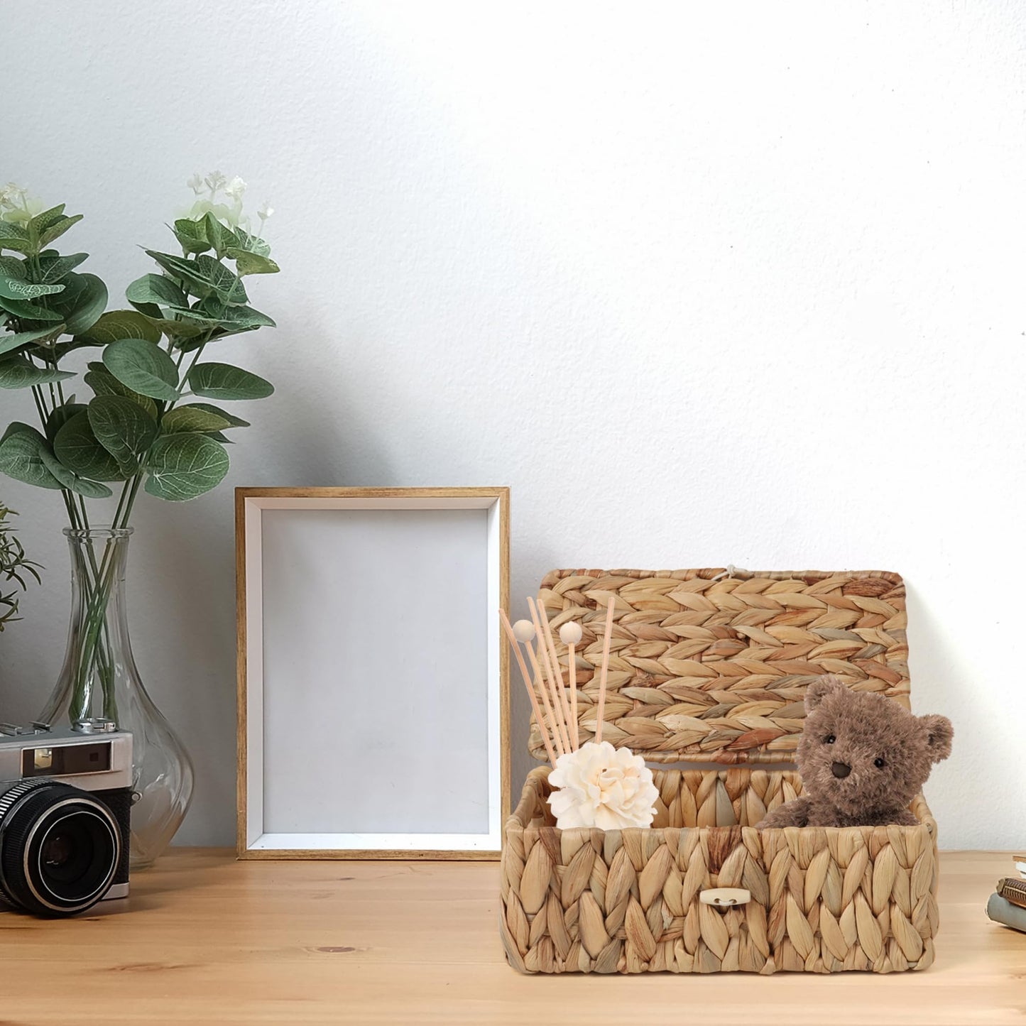 FEIALNDUO Wicker Shelf Baskets with Lid, Seagrass Storage Hamper Basket Bins Rectangular Box for Home Desktop Organizer (Natural, X-Small)