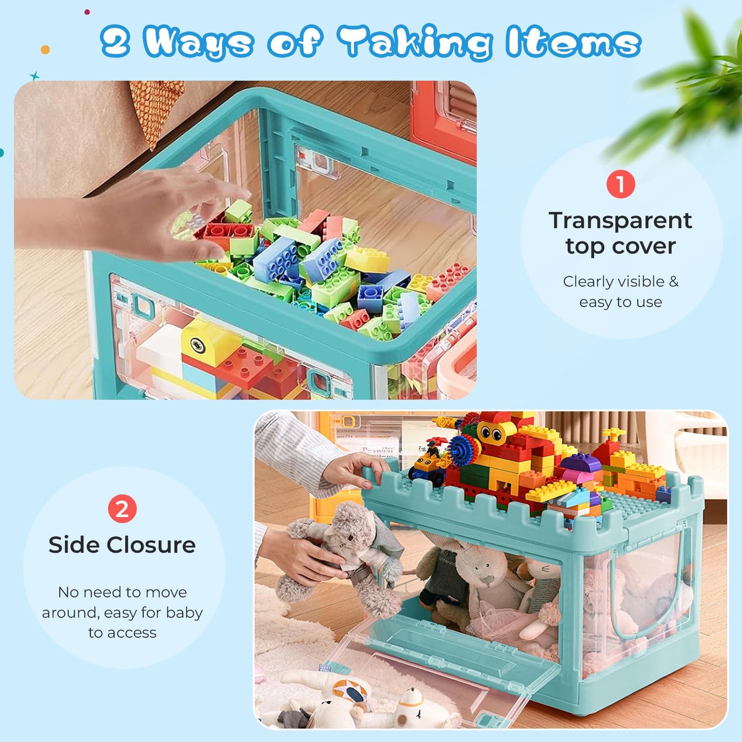 alouweekukky Kids Plastic Folding Storage Box with Lid, Double Opening with Pulleys, Suitable for Kids
