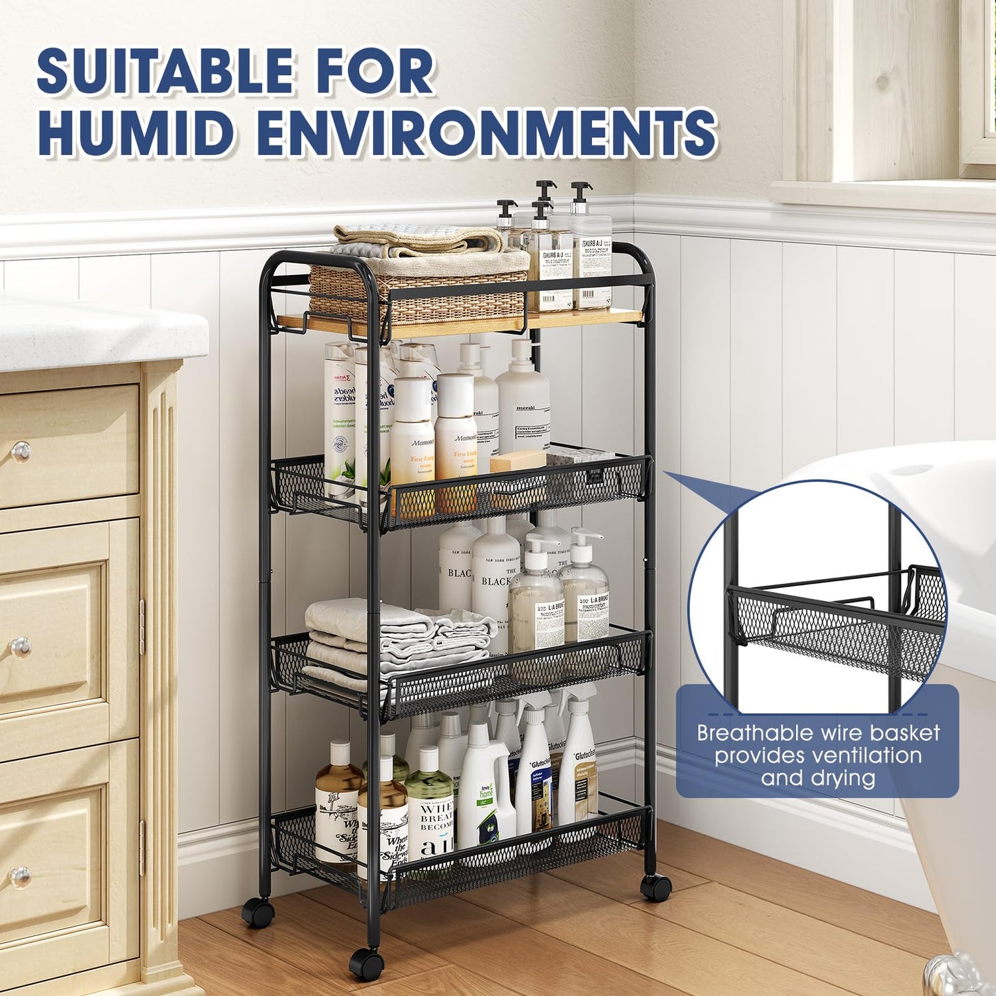 KINGRACK 4-Tier Rolling Cart with Wooden Tabletop & Mesh Baskets, Slide Out Metal Utility Cart