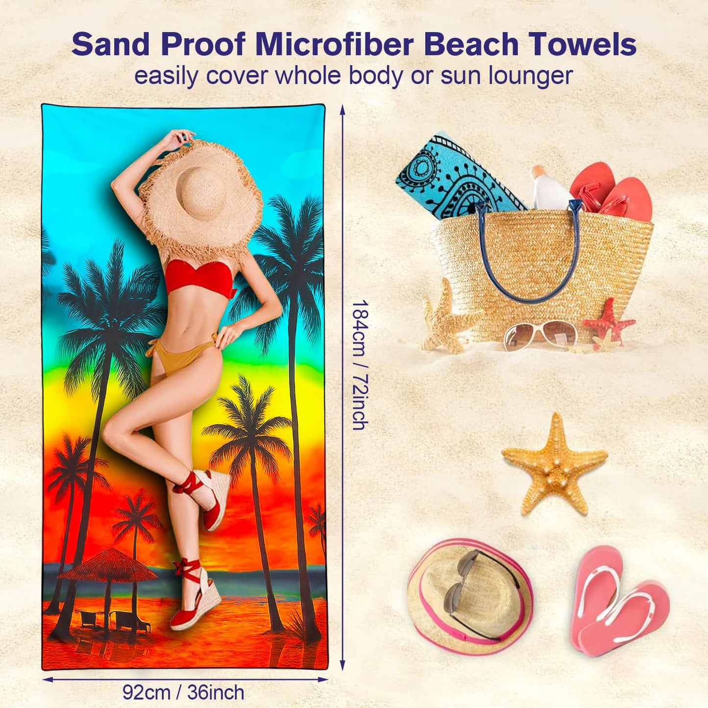 Violetpos Rainbow Sunset Palm Tree Beach Towel, Extra Large 180x90 cm 250GSM Microfibre, Sand Free Quick Dry