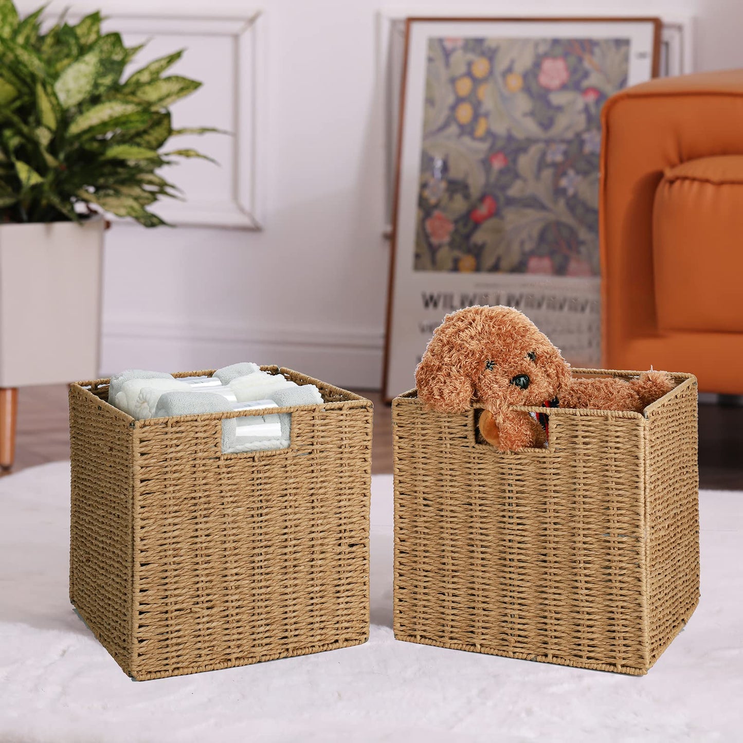 Vagusicc Wicker Storage Basket, Set of 2 Handwoven Wicker Basket for Storage, Foldable Storage Baskets Organizer Bins with Handles for Shelves