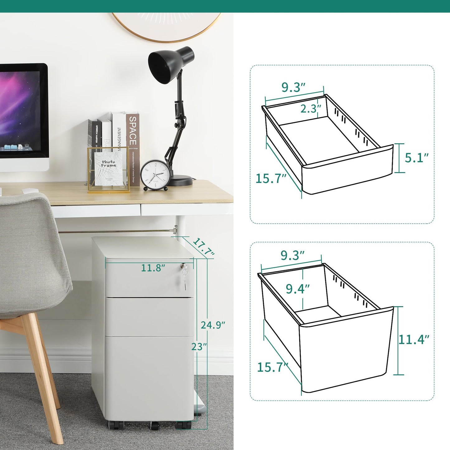 YITAHOME 3-Drawer Metal Filing Cabinet Office Drawers with Keys, Compact Slim Portable File Cabinet