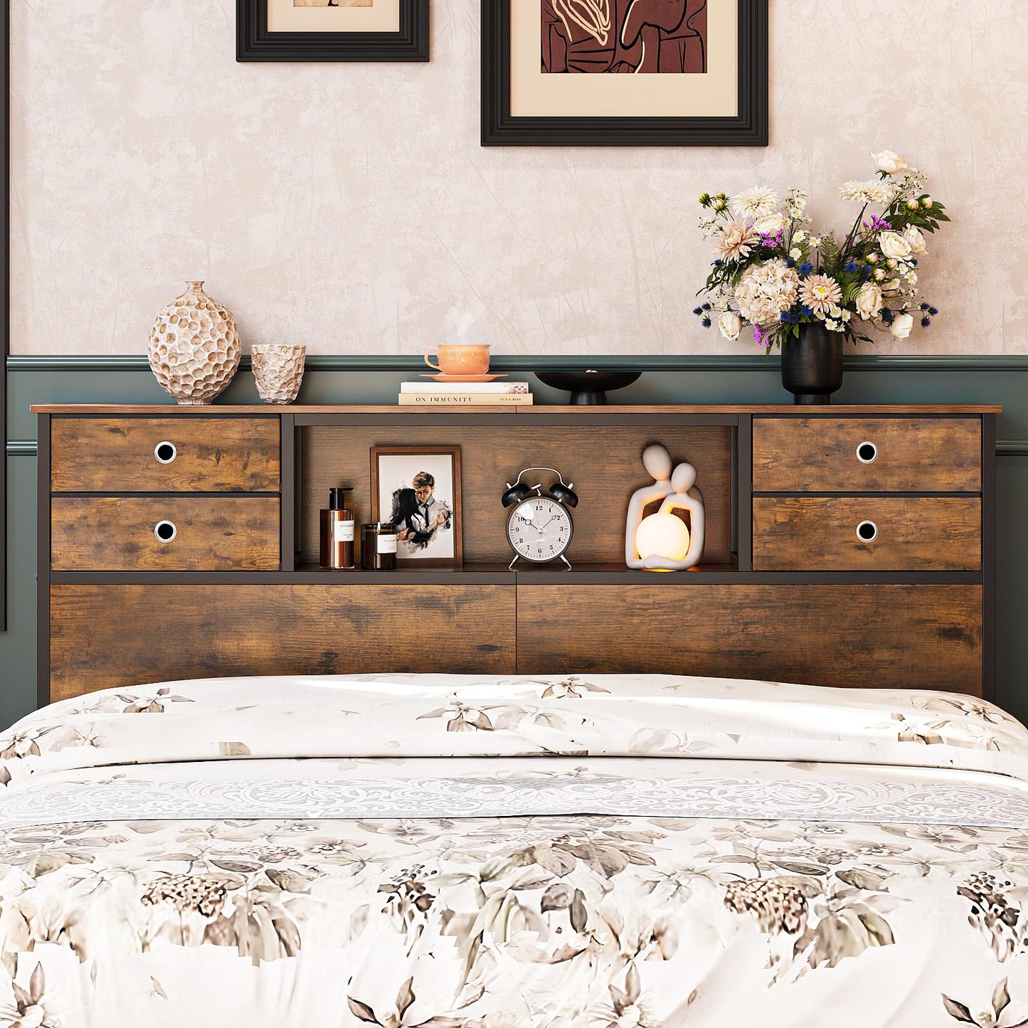 VEDECASA King Size Bed Headboard with Storage, Freestanding Headboard with 4 Fabric Drawers & Shelves, Adjustable Bed Frame Connectors