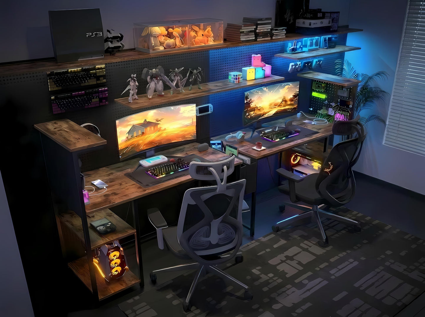 Xyphren Gaming Desk with Pegboard & Power Outlet & LED Light, Small Computer Desk with Reversible Shelves for Corner Home Office Desk, 100 * 50cm