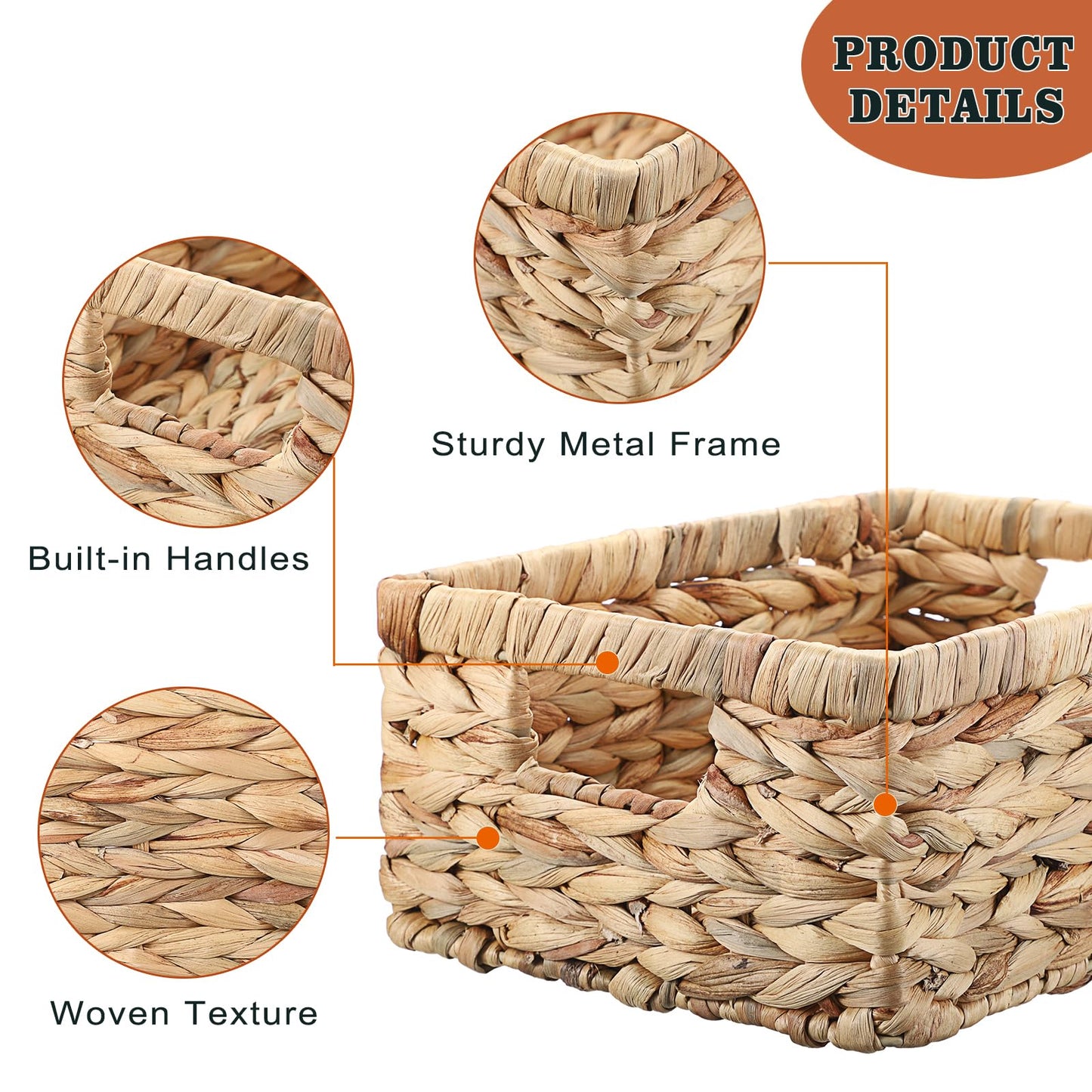 OGANAZI Natural Water Hyacinth Baskets with Handles, 30.5 * 23 * 13cm