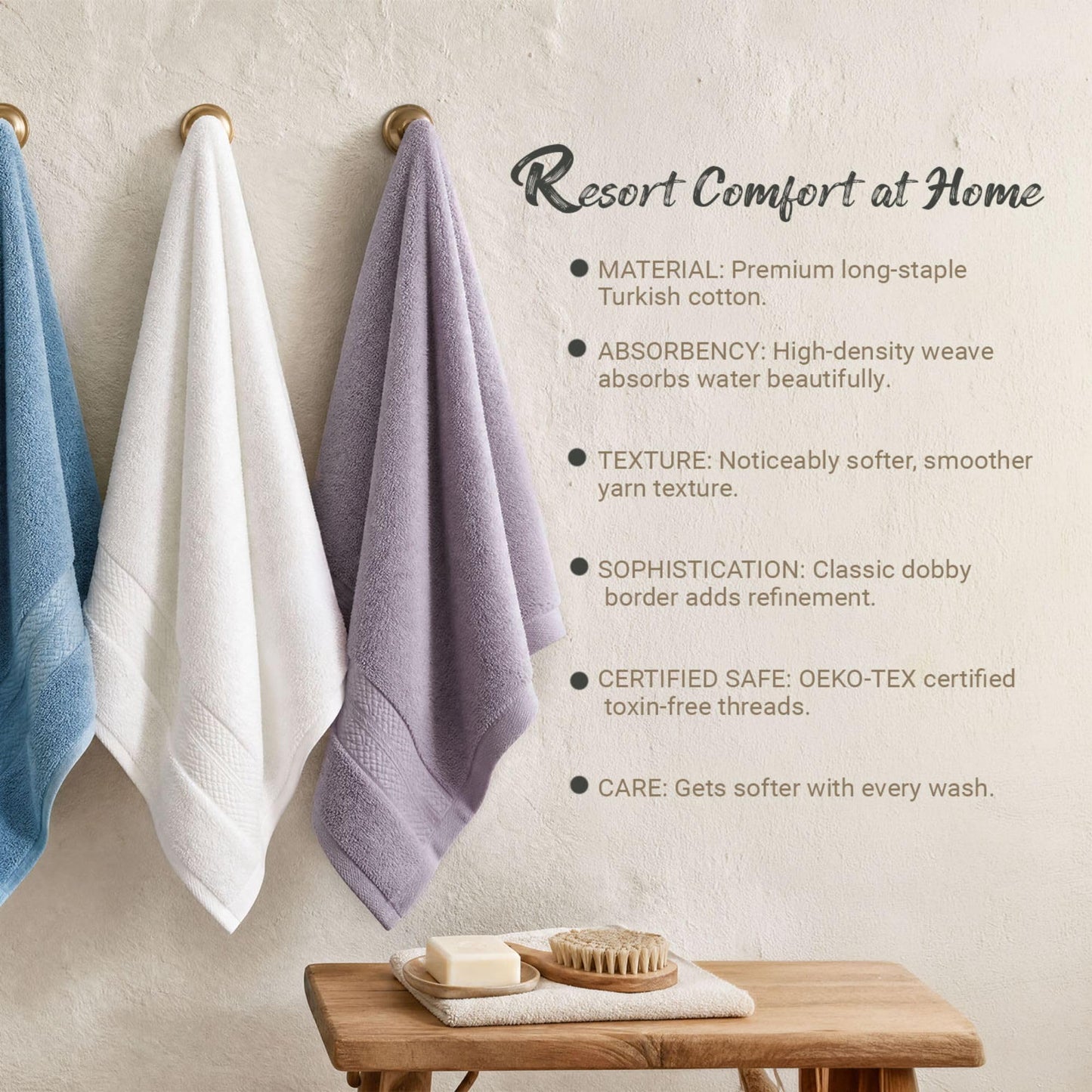 Superior Turkish Cotton 3-Piece Towel Set, Assorted Towels for Home, Bathroom Essentials, Bath, Hand, and Face Towel, Soft Plush Hotel Quality