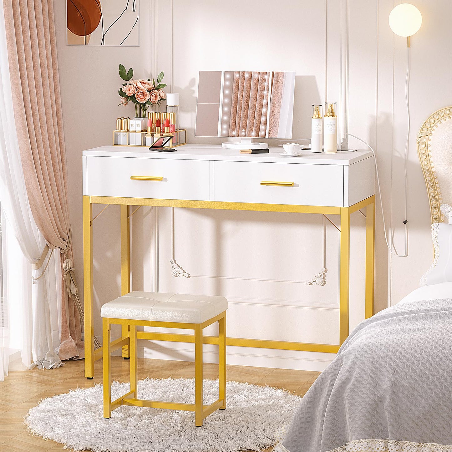 iSunirm 36 Inch Vanity Desk with Mirror and Drawers, Vanity Table and Stool, Dressing Table with Lights and Socket Strip for Bedroom, Gold