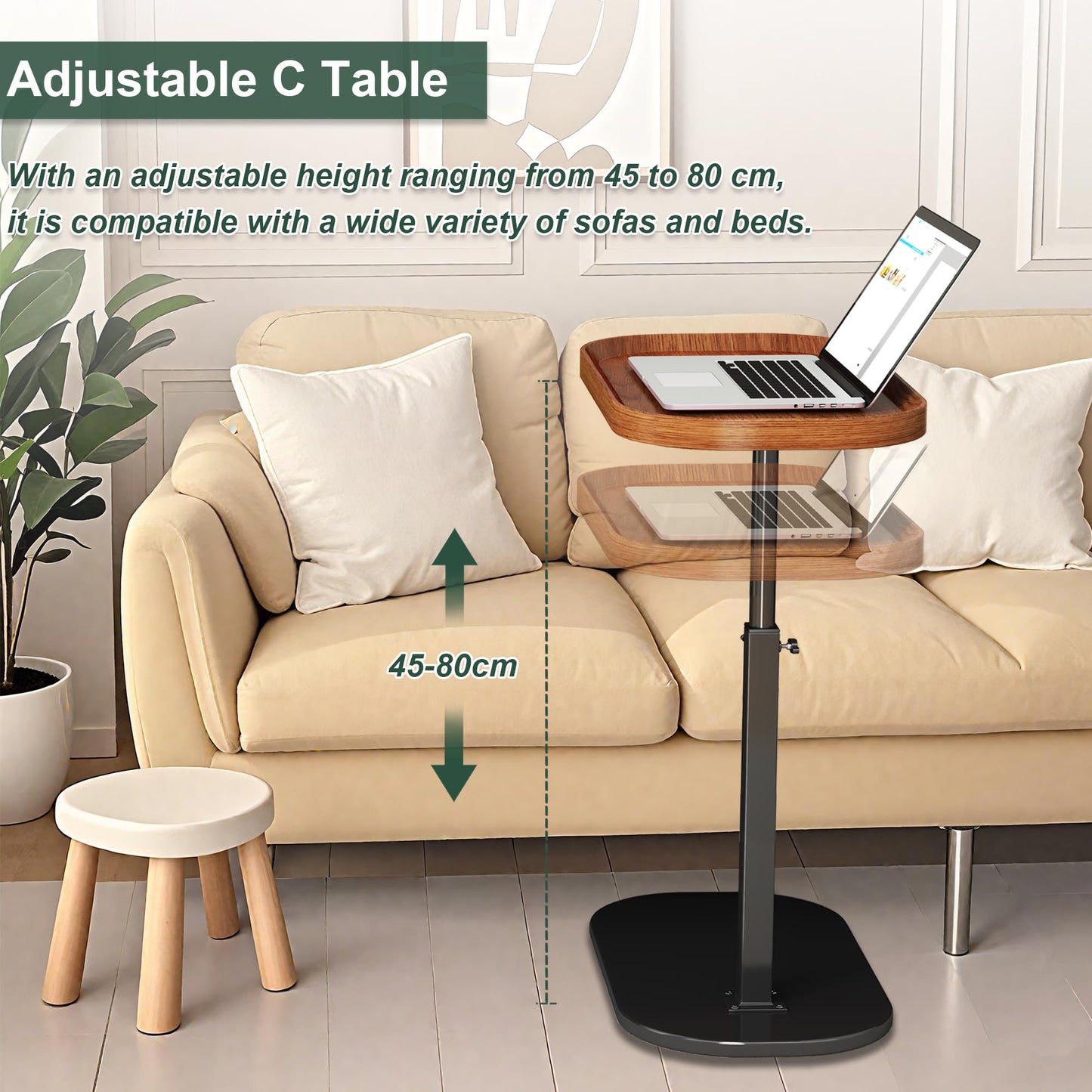 liameya C Shaped Side Table Adjustable Height, 360°Swivel Sofa Table that Slide Under, Modern Small Coffee Table for Couch/Bed/Bathtub
