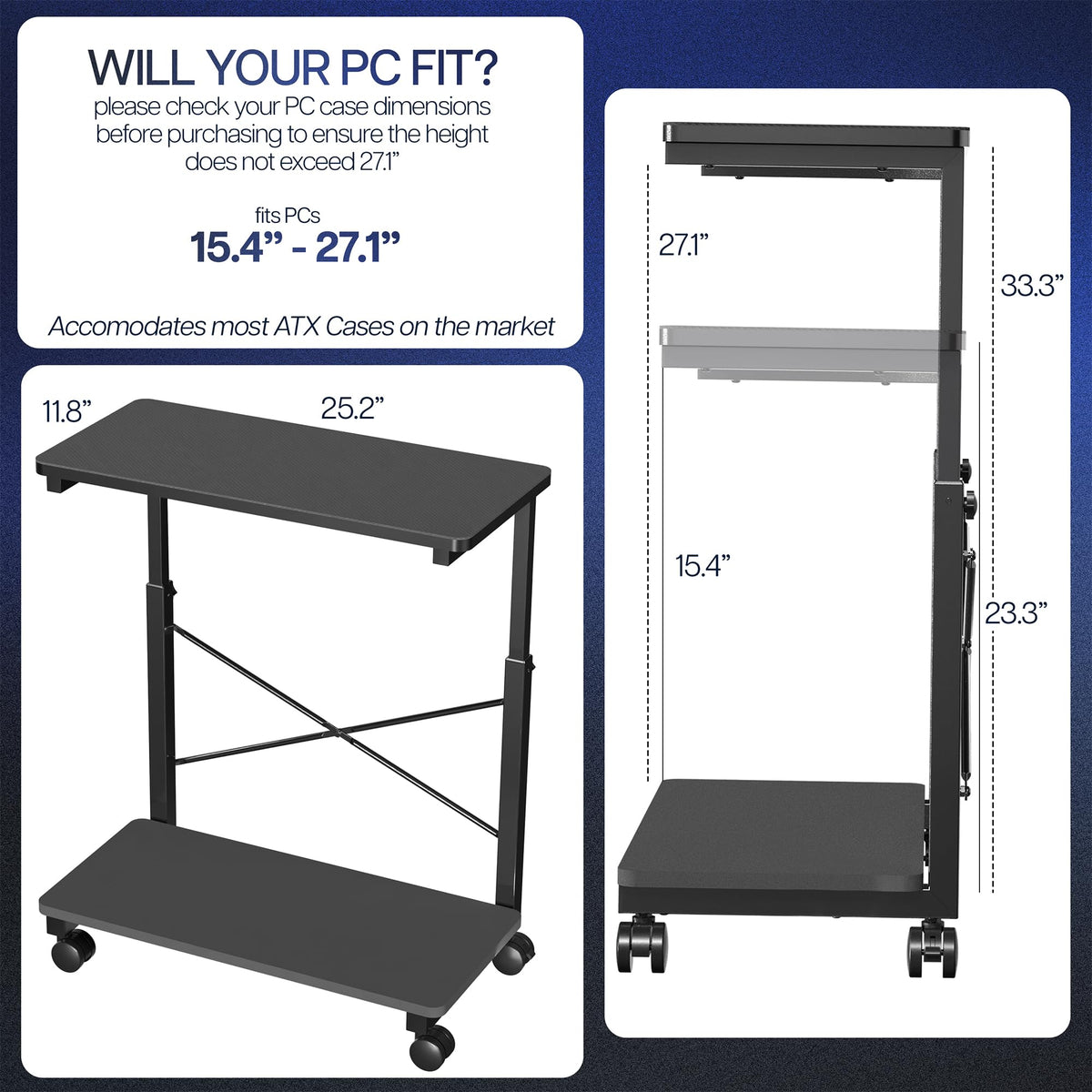 VIVO Large PC Cart with Storage Shelf, Premium Adjustable Mobile CPU Holder, Fits Gaming PC’s, Printers