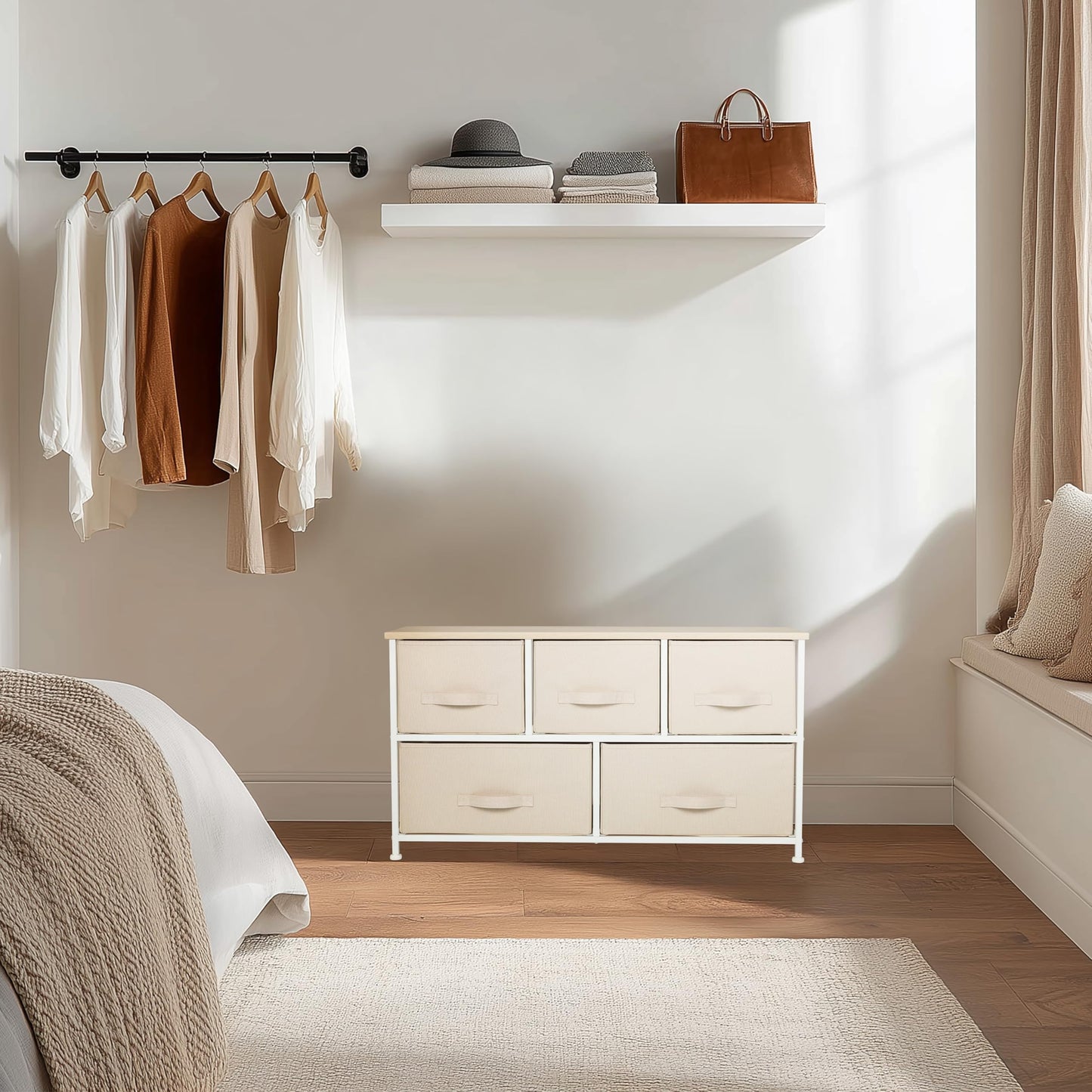 hjh LIVING Chest of drawers with 5 fabric drawers FOLDAR 100x30x55 cm Chest of drawers organizer, height-adjustable foot glides, metal frame, beige