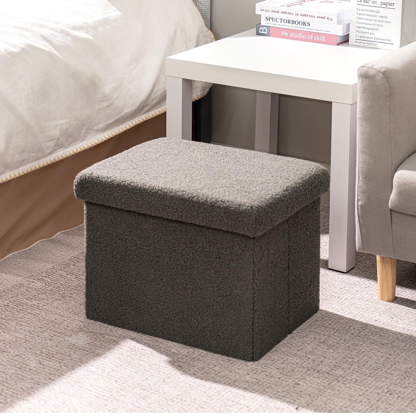 Bonlife Ottoman Seat with Storage,Folding Small Footstool for Living Room,Cube Toy Chest Box,Foot Rest,Sherpa Fabric,Grey,42x32x32cm