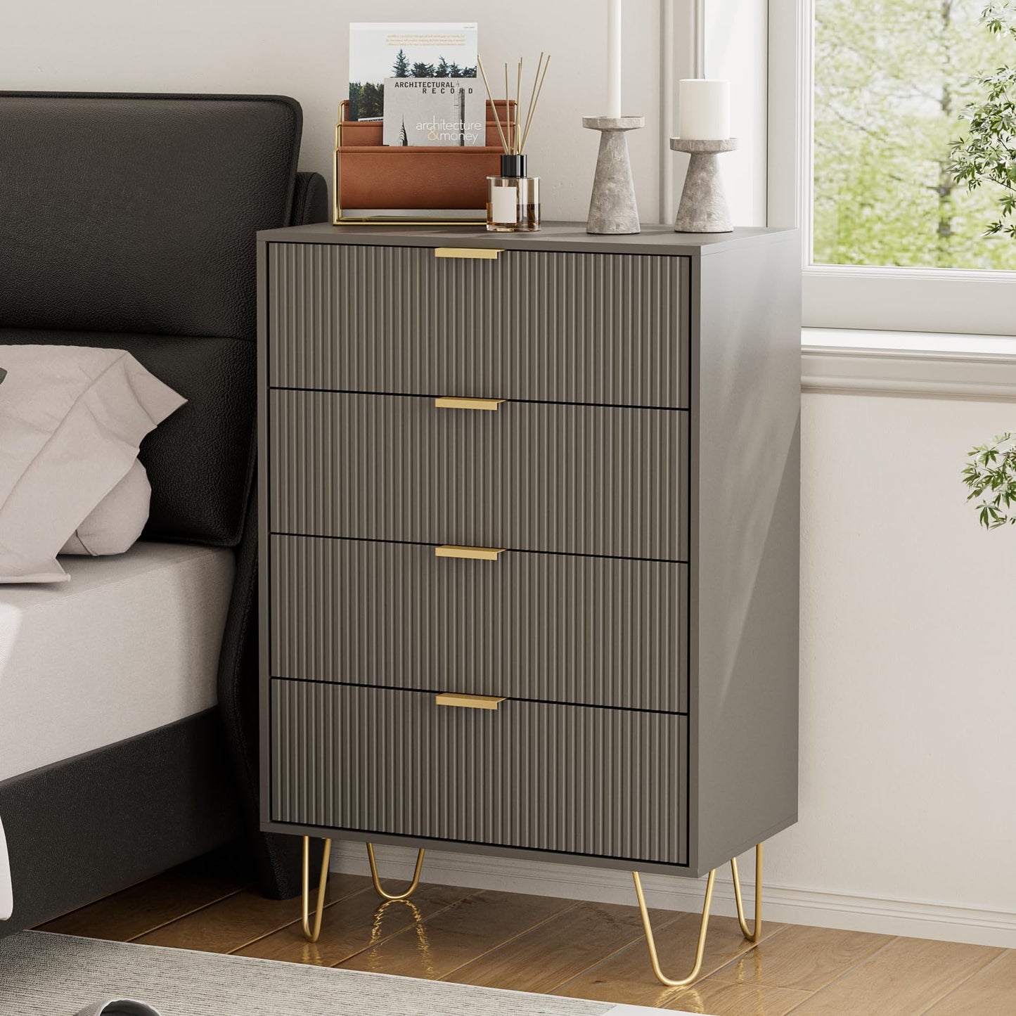HEYZOEY Grey Chest of 4 Drawers for Bedroom, 60x34x91cm, Wood Storage Dresser Bedroom Furniture Cabinet for Living Room,Office,Lounge,Grey