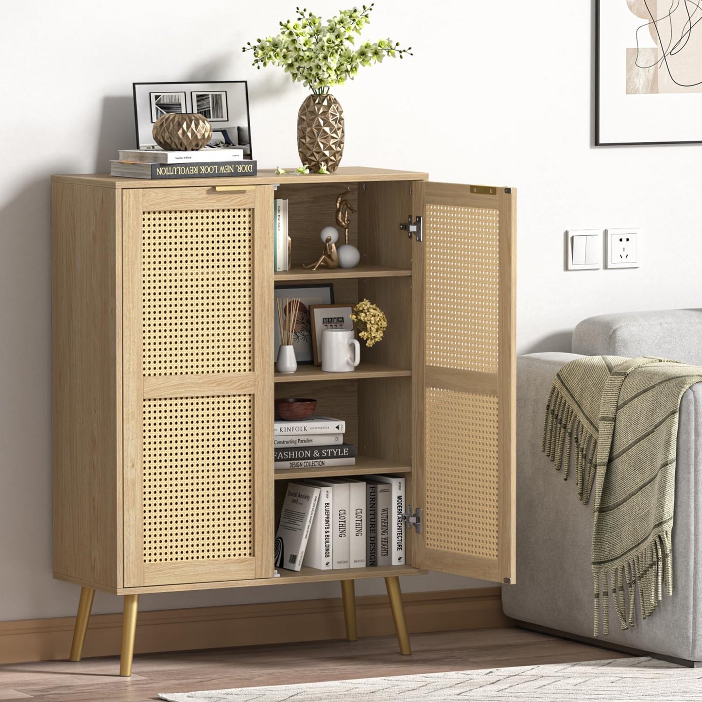 Yvsevnr Rattan Tall Sideboard for Living Room, Hallway Storage Cabinet with 3 Adjustable Shelf