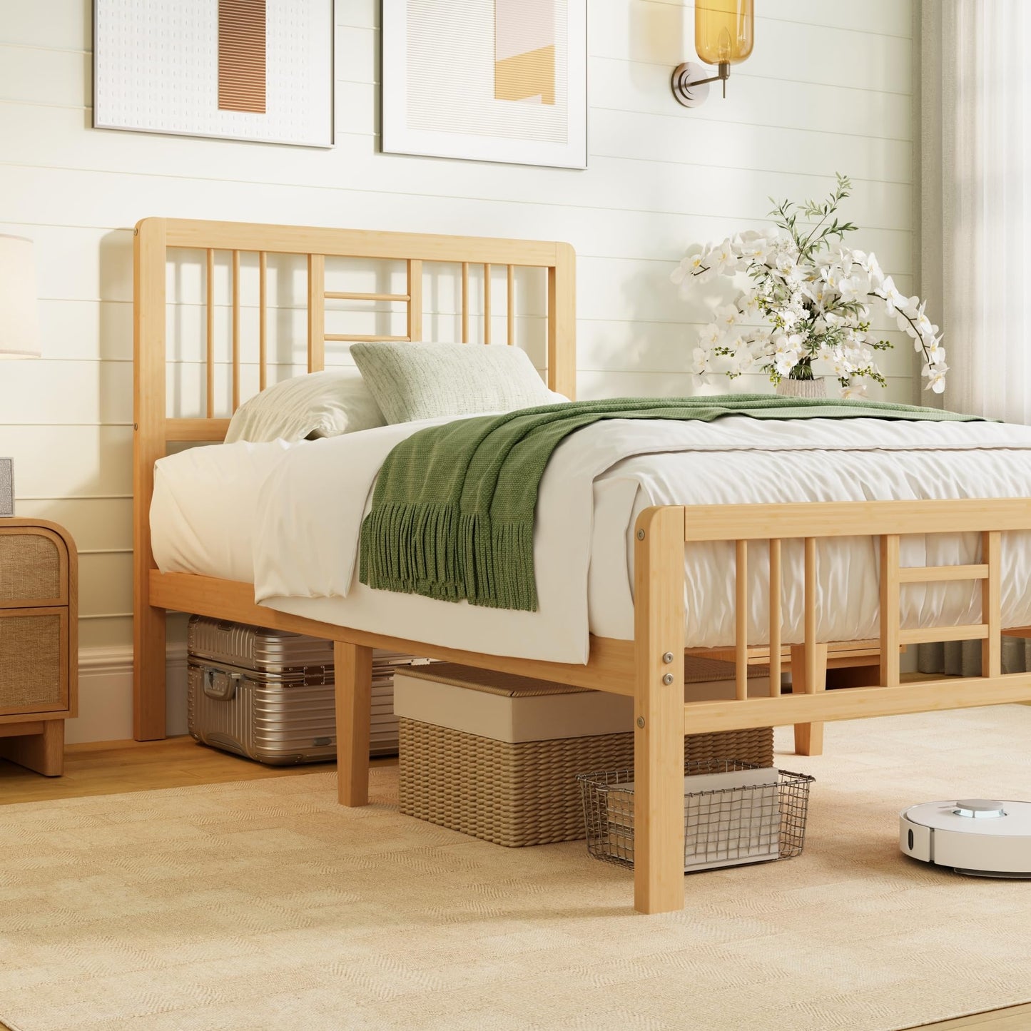 Hunlostten Wooden Bed Frame Single with Headboard - Bamboo Wood Bed Frames with Metal Slats Support and Underbed Storage, Easy to Install, Noise Free