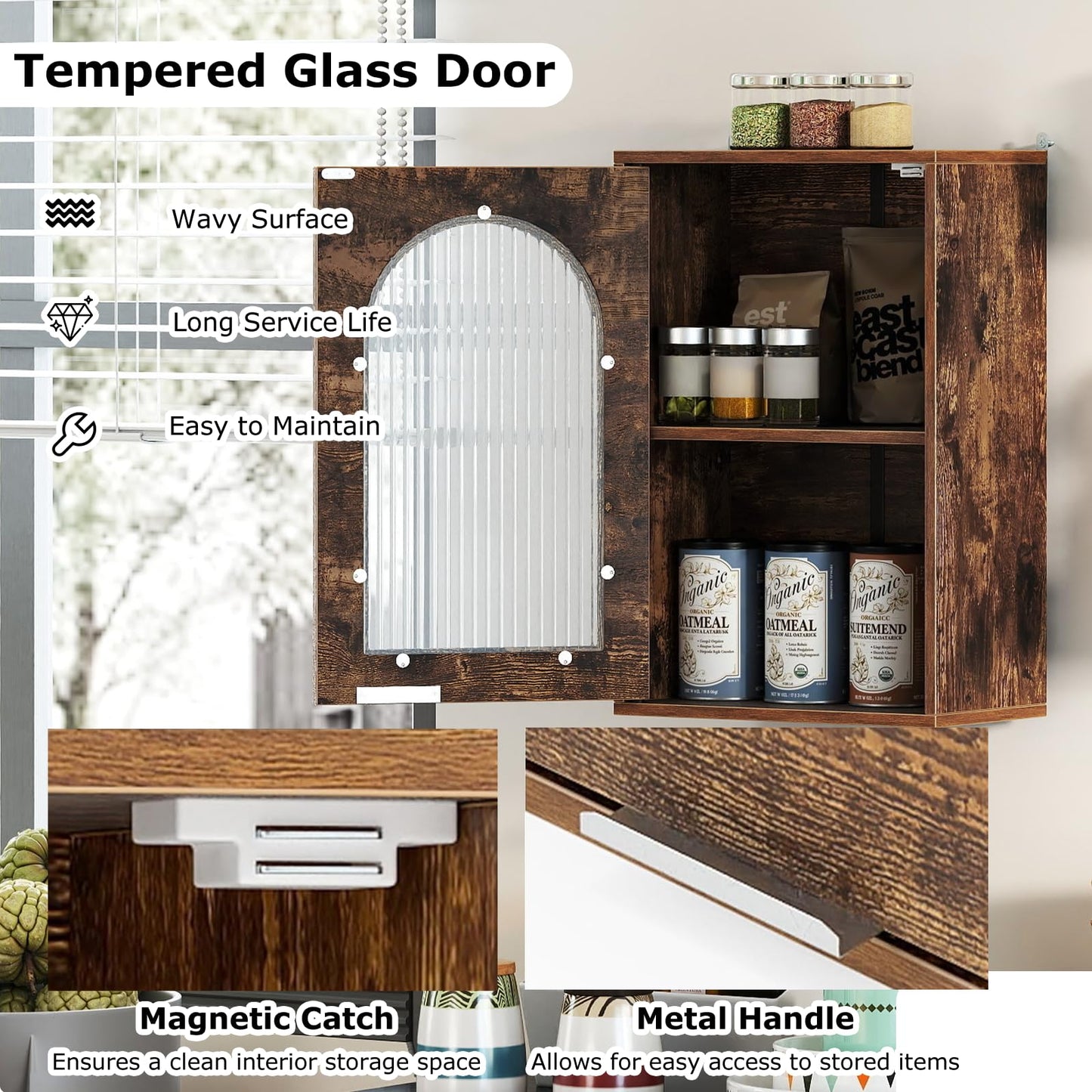 RELAX4LIFE Bathroom Wall Cabinet, Wall-Mounted Storage Cupboard with Tempered Glass Door and Adjustable Shelf