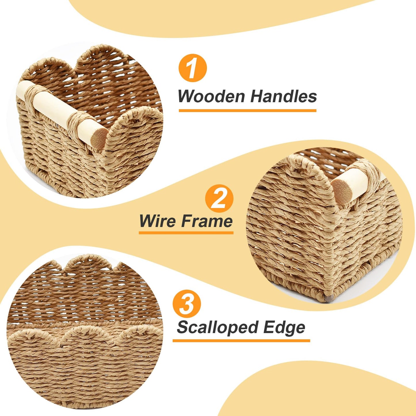 Yiomxhi 2 Pcs Wicker Storage Baskets, Woven Organizer Bins with Wooden Handles, Rope Scalloped Edge Toilet Paper Baskets for Bathroom, Shelf, Kitchen