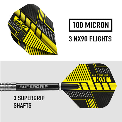 Harrows NX90 90% Tungsten Steel Tip Darts Set 21g, 22g, 23g, 24g, 25g & 26g - Includes Black Supergrip Midi Shafts & Micron NX90 Flights (22g)