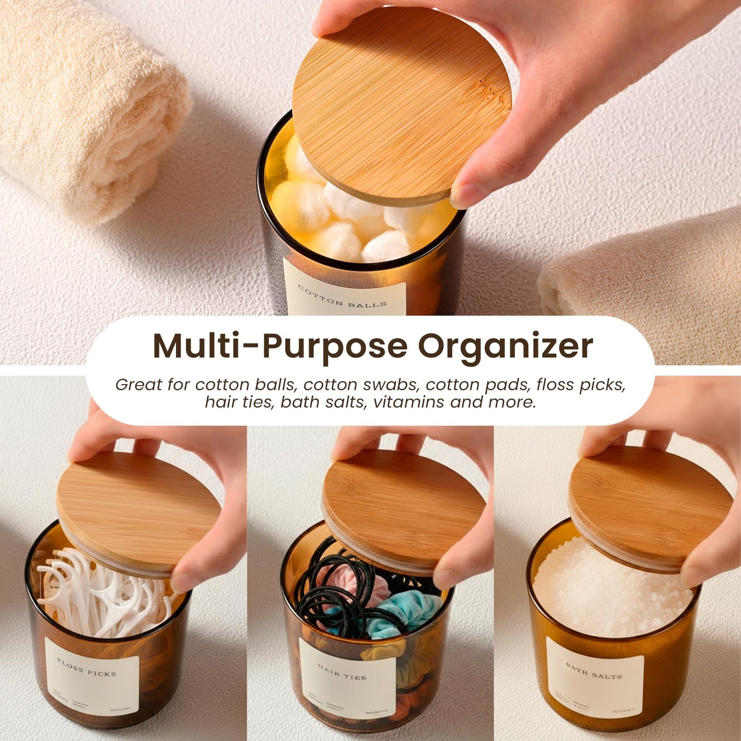 MaisoNovo Cotton Bud Holder Set - Airtight 375 ml Glass Cotton Pad Holder for Q-Tips, Cotton Rounds, Cotton Balls, Floss Picks