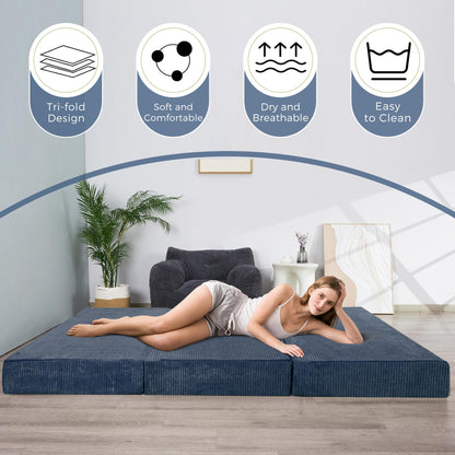 MAXYOYO Folding Corduroy Mattress, Tri Fold Floor Mattress 10cm thick with Washable Cover,Foldable in Three,Space-Saving for Guest Bluestone, King