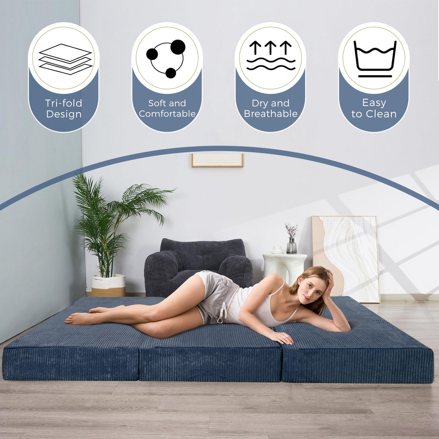 MAXYOYO Folding Corduroy Mattress, Tri Fold Floor Mattress 15cm thick with Washable Cover,Foldable in Three,Space-Saving for Guest (Bluestone, Double)
