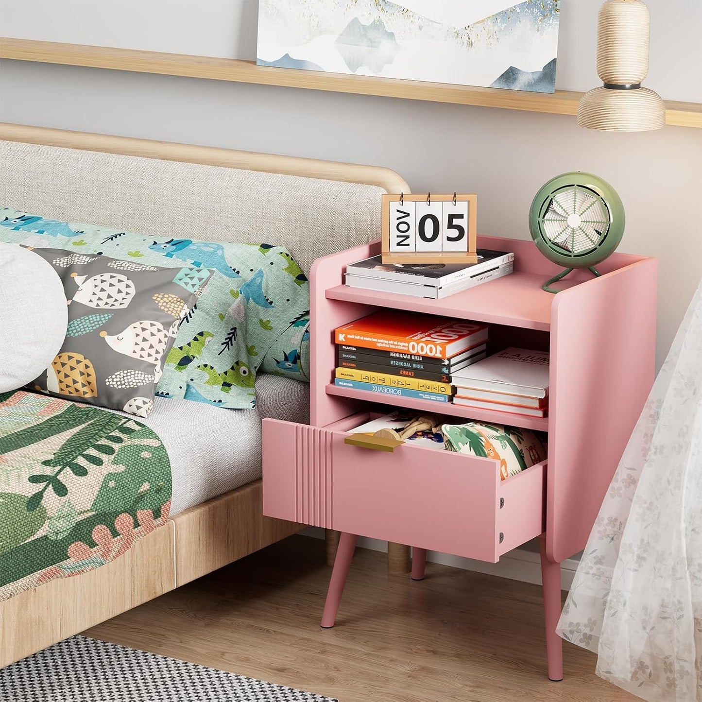 Bedside Table, Nightstand, Bed Side Table with Wood Decorated Drawers