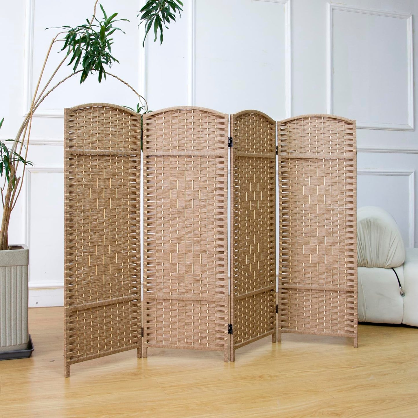 Furnnylane 4 Panel Light Brown Rattan Divider Short Room Partition Screen,Double Sided Short Folding Divider for Room Separation,120 cm Tall