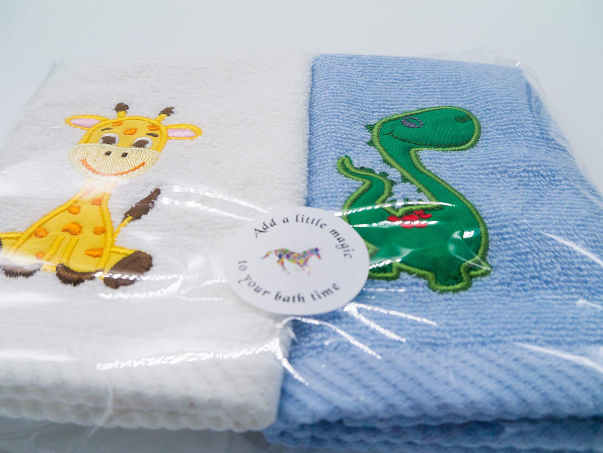 Lex's Linens Pack of 2 Kids Face Cloth 1 of Each Giraffe & Dinosaur