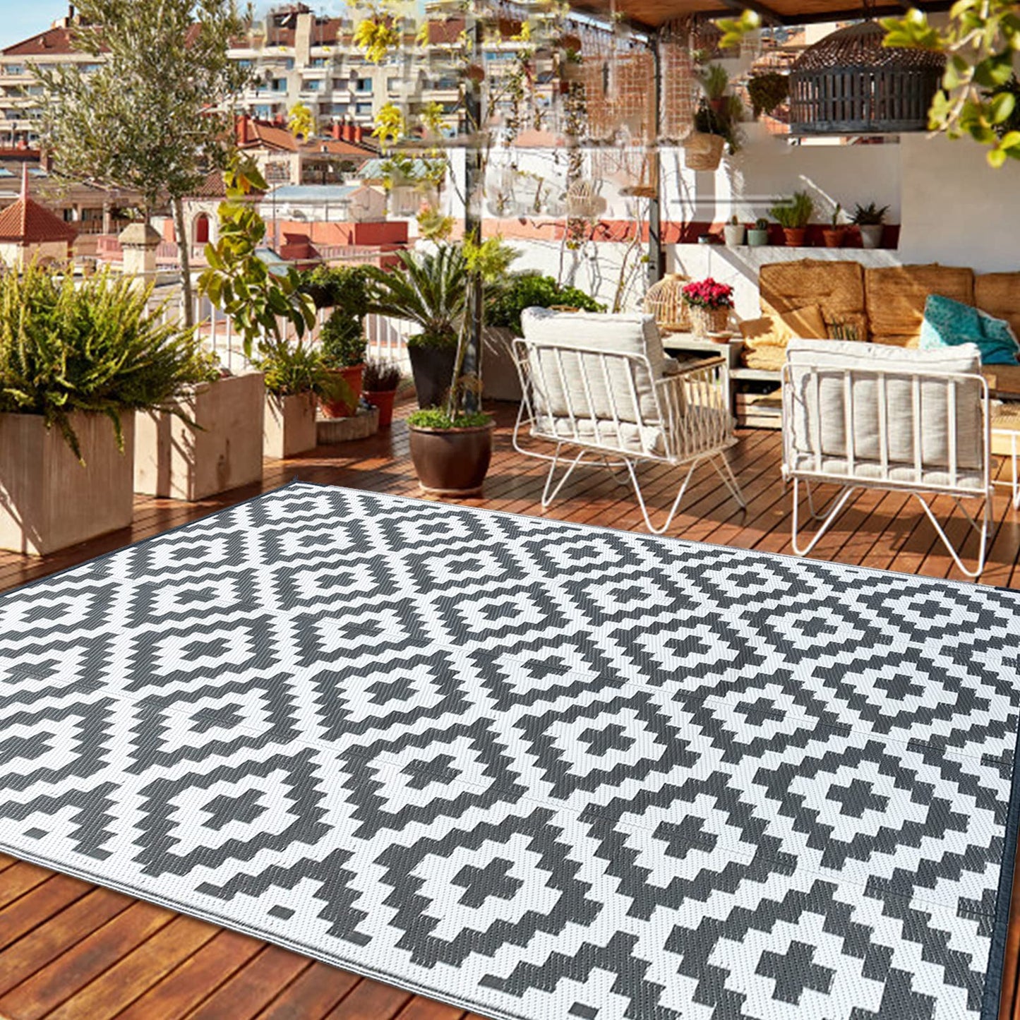 CHOSHOME Outdoor Waterproof Garden Carpet 120x180CM Lightweight Camping UV Resistant Portable Easy Cleaning Balcony Rugs for Picnic Beach BBQ Grey