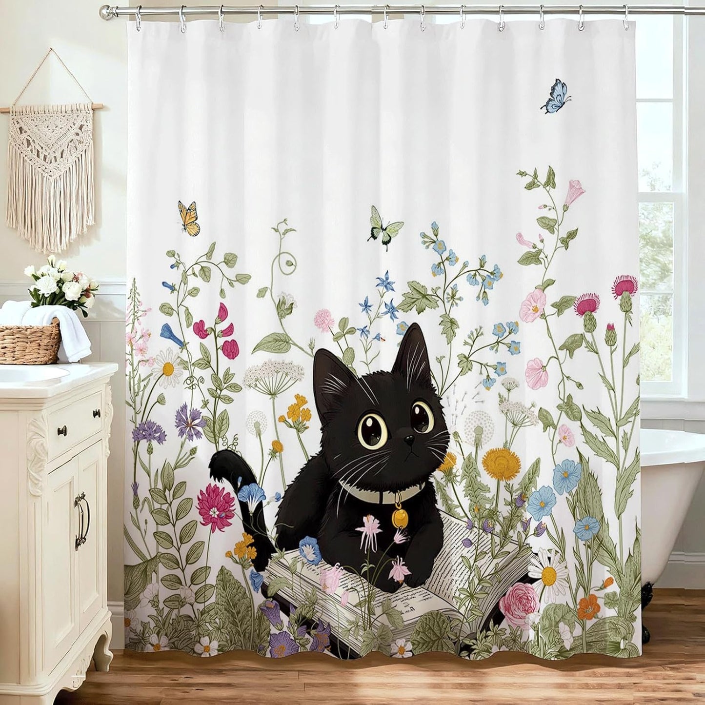 Avezano Cat Shower Curtain Cute Black Cat Floral Bathroom Shower Curtain Flower Kids Waterproof Fabric Shower Curtains Bathtub Decor with 12 Hooks 72